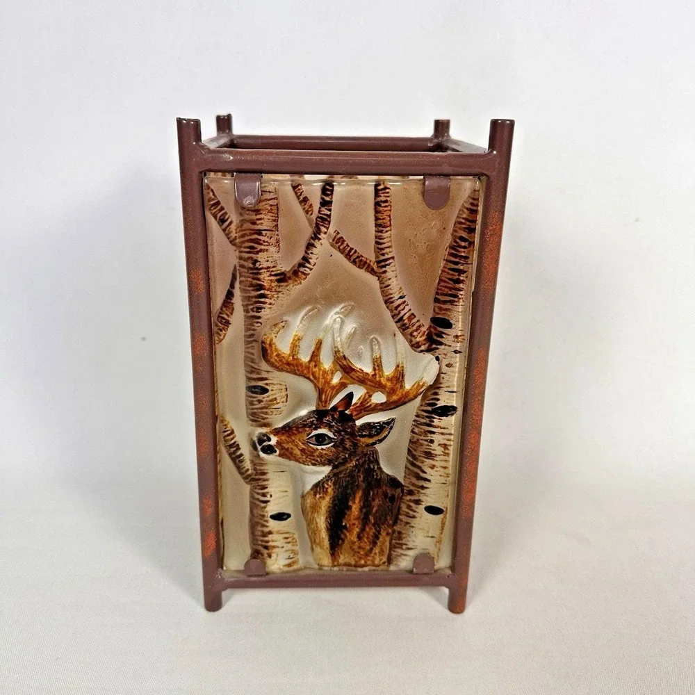 Vintage‎ Hand Painted 3D Glass Deer Votive Candle Holder Rustic Lodge Lantern